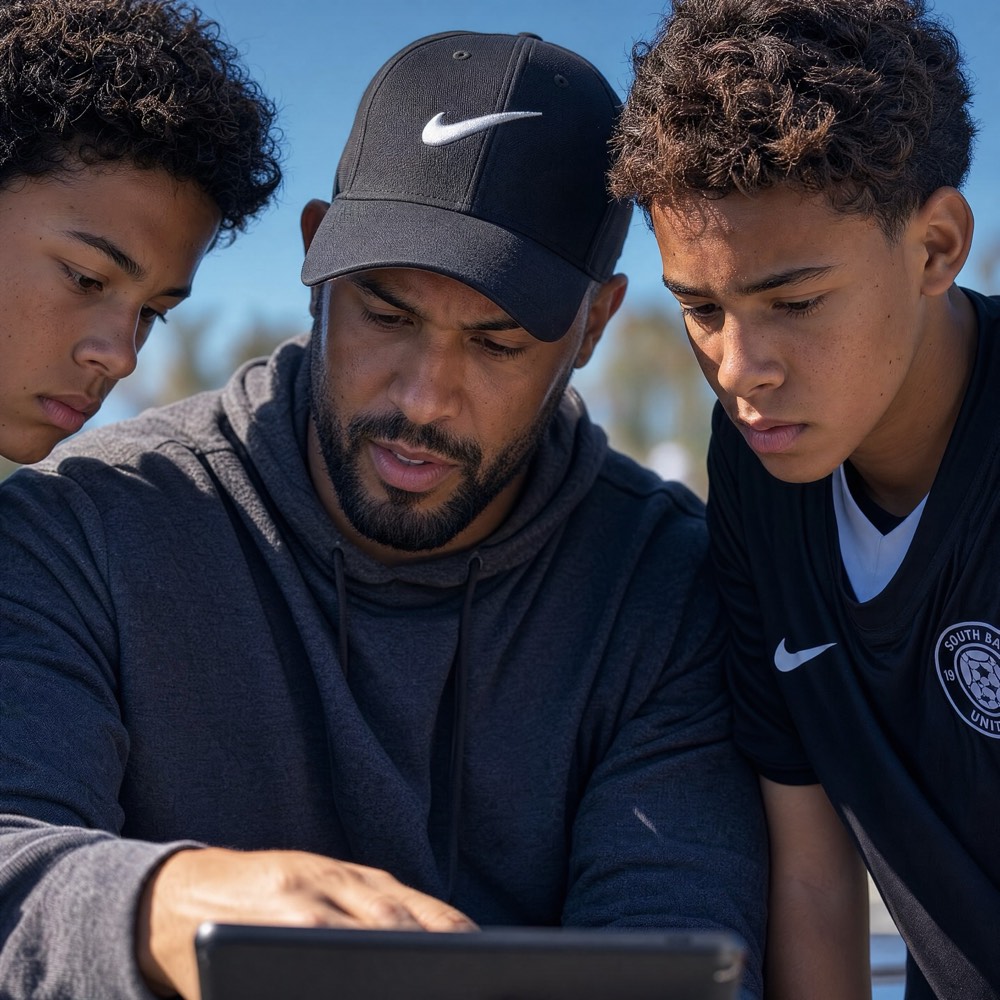 Coach with his team before training